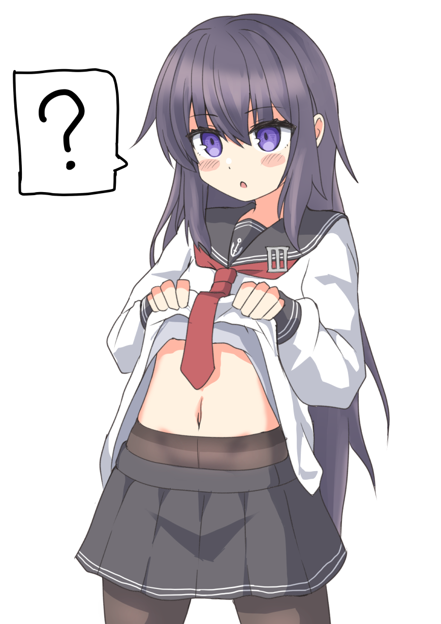 pepatiku, akatsuki (kancolle), kantai collection, highres, 1girl, ?, anchor symbol, black hair, black sailor collar, blush, clothes lift, cowboy shot, lifting own clothes, long hair, long sleeves, navel, neckerchief, no headwear, open mouth, pantyhose, pleated skirt, purple eyes, purple hair, red neckerchief, sailor collar, school uniform, serafuku, shirt lift, skirt