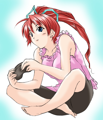 akaho sakura, lowres, 1girl, barefoot, bike shorts, blue eyes, female focus, hair ribbon, long hair, playing games, ponytail, red hair, ribbon, solo, video game