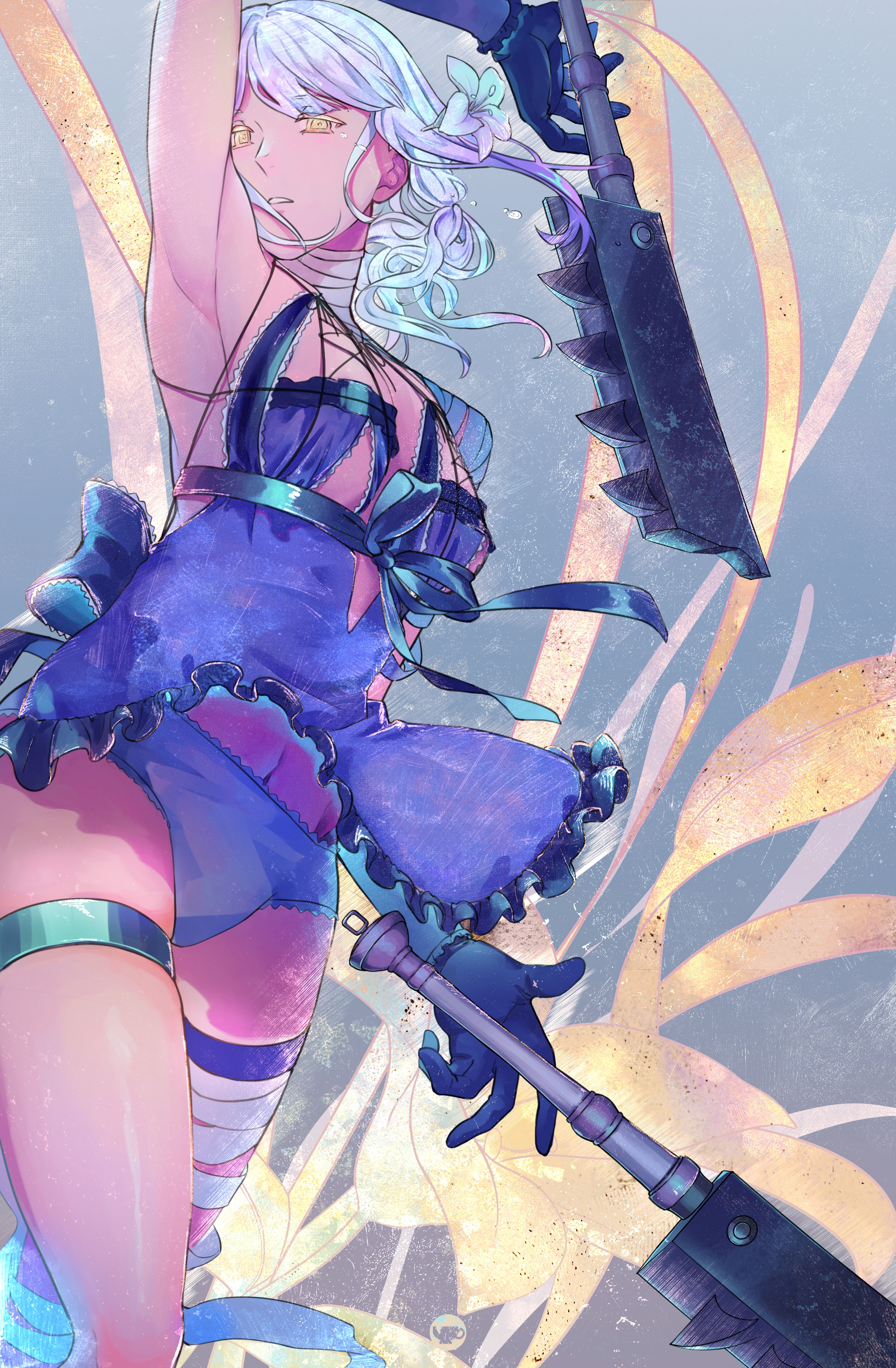teabreak23, kaine (nier), nier, nier (series), absurdres, commentary, highres, 1girl, arm up, armpit crease, bandaged arm, bandaged leg, bandaged neck, bandages, black gloves, blue negligee, breasts, cowboy shot, eyelashes, flower, gloves, hair flower, hair ornament, hair rings, jagged sword, lingerie, looking at viewer, lunar tear, negligee, panties, single bare shoulder, solo, sword, thigh strap, underwear, weapon, white hair, yellow eyes