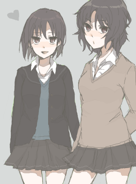 hanad, nanasaki ai, tanamachi kaoru, amagami, bad id, bad pixiv id, black hair, brown eyes, cardigan, heart, messy hair, miniskirt, pleated skirt, school uniform, short hair, skirt, standing, sweater, sweater vest, wavy hair