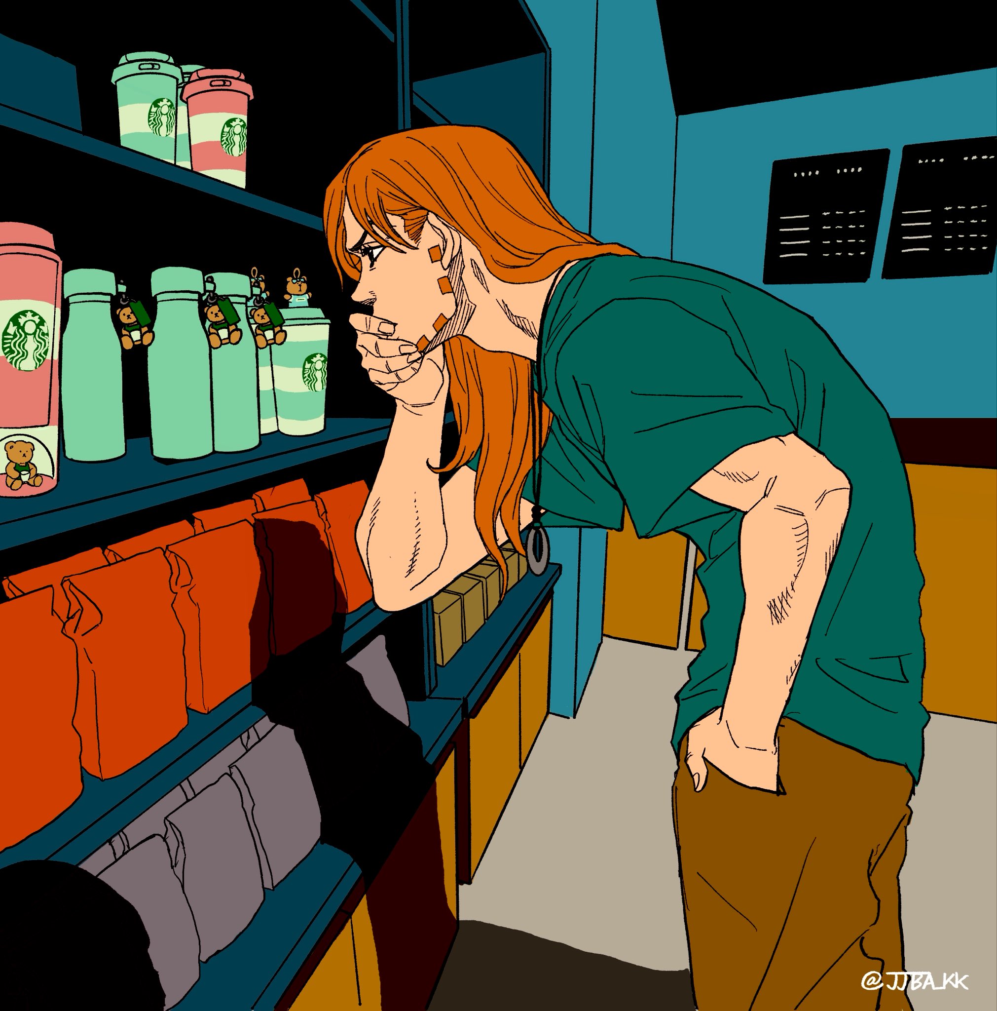 jjba kk, gyro zeppeli, jojo no kimyou na bouken, starbucks, steel ball run, commentary, highres, symbol-only commentary, 1boy, alternate costume, bottle, casual, charm (object), facial hair, hand in pocket, hand on own face, indoors, jewelry, leaning forward, long hair, male focus, necklace, orange hair, shelf, shirt, shop, short sleeves, solo, t-shirt, thinking