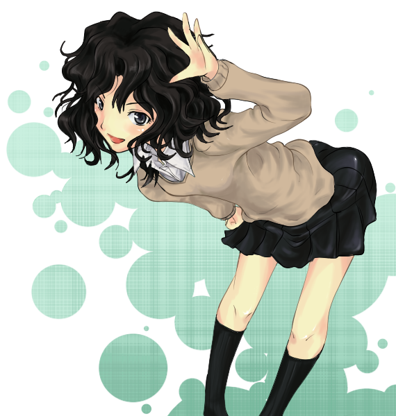 kagami uekusa, tanamachi kaoru, amagami, bent over, black eyes, black hair, curly hair, laughing, messy hair, miniskirt, pleated skirt, school uniform, short hair, skirt, smile, socks, solo, sweater, wavy hair