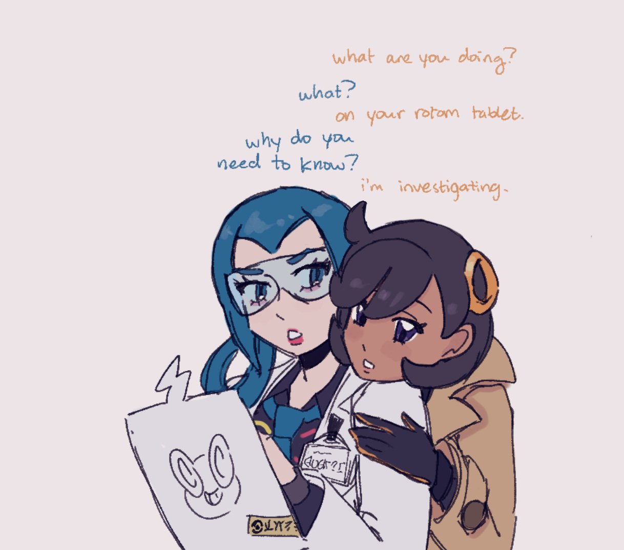 marcy (offthem00n), emma (pokemon), mable (pokemon), nintendo, pokemon, pokemon legends: z-a, commentary, english commentary, 2girls, black gloves, black shirt, blue eyes, blue hair, blue necktie, brown coat, brown hair, coat, dark-skinned female, dark skin, english text, glasses, gloves, hair ornament, head on another's shoulder, lab coat, looking at another, loose necktie, medium hair, multiple girls, necktie, purple eyes, shirt, short hair, table, white background, yuri