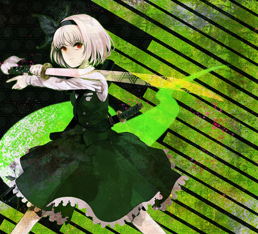 xero, konpaku youmu, touhou, silver hair, 1girl, female focus, hair ribbon, katana, red eyes, ribbon, skirt, solo, sword, weapon