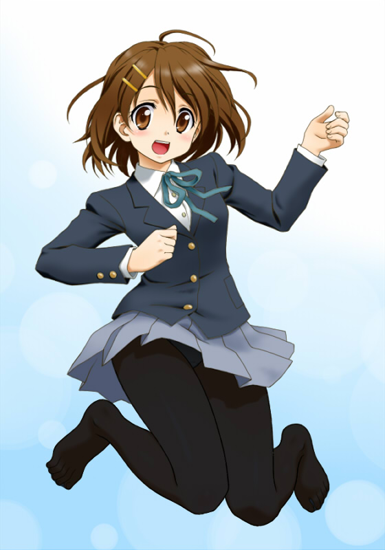 peter (artist), hirasawa yui, k-on!, 00s, 1girl, air guitar, brown eyes, brown hair, feet, female focus, jumping, open mouth, panties, panties under pantyhose, pantyhose, pantyshot, round teeth, school uniform, short hair, solo, teeth, underwear, upskirt