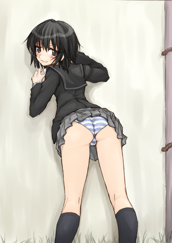 garyou, nanasaki ai, amagami, 1girl, against wall, ass, black eyes, black hair, blush, female focus, kneepits, looking back, naughty face, panties, presenting, school uniform, short hair, solo, striped clothes, striped panties, underwear, upskirt, wedgie