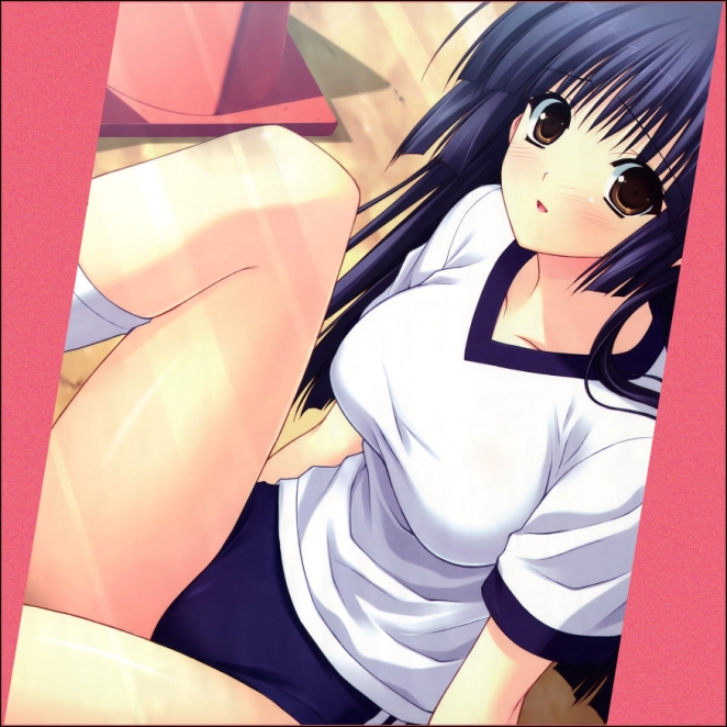 suzuhira hiro, himenomiya kaguya, stellar theater, non-web source, 1girl, blouse, blue hair, brown eyes, buruma, female focus, gym uniform, long hair, shirt, socks, solo, white shirt, white socks