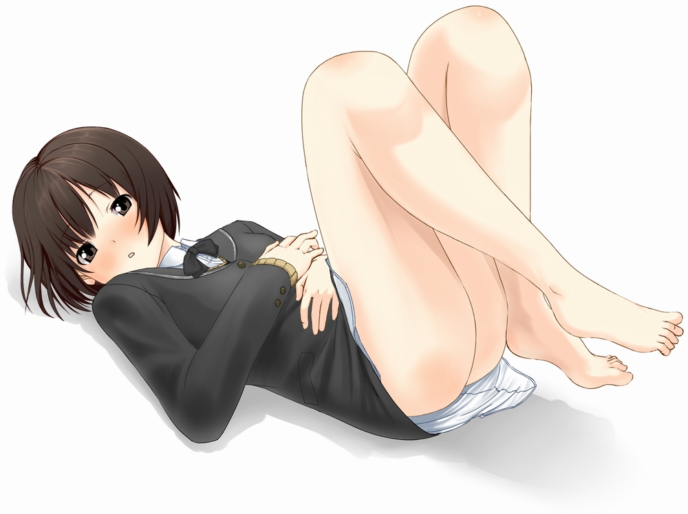 couzone, tachibana miya, amagami, bad id, bad pixiv id, 1girl, ass, barefoot, blush, bottomless, brown eyes, brown hair, feet, female focus, legs, lying, no panties, on back, school uniform, short hair, solo, toes