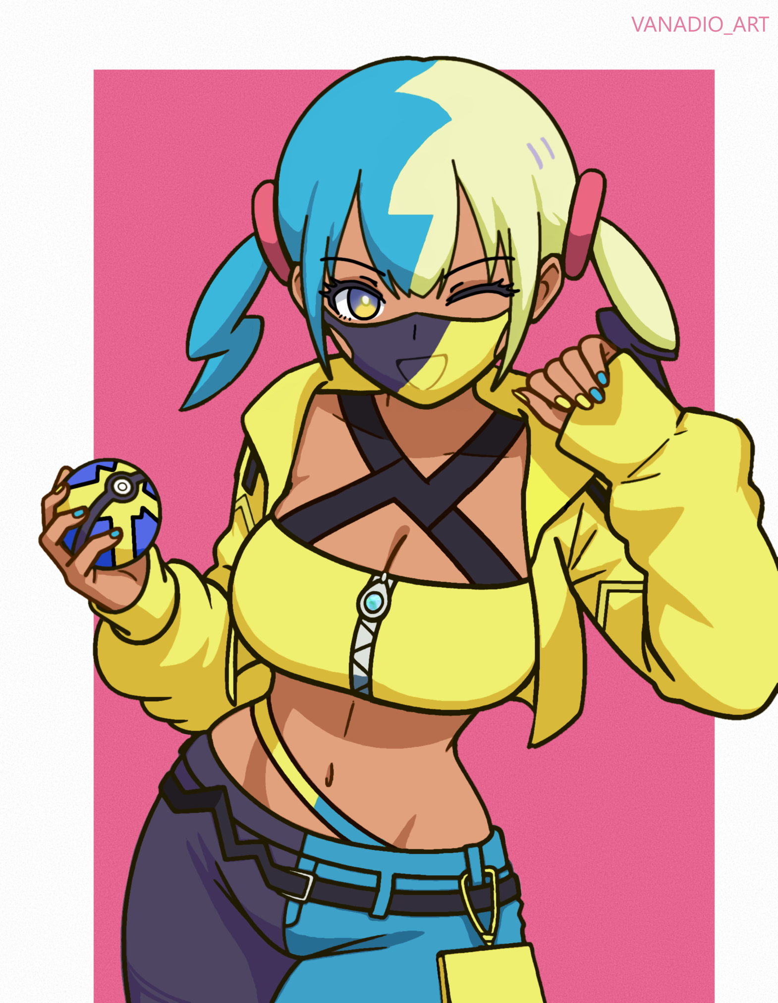 canari (pokemon), nintendo, pokemon, pokemon legends: z-a, commentary, highres, 1girl, artist name, bandeau, belt, black belt, blue eyes, border, breasts, cleavage, cropped jacket, eyelashes, happy, holding, holding poke ball, hood, hood down, hooded jacket, jacket, long sleeves, looking at viewer, mask, mouth mask, multicolored hair, nail polish, navel, one eye closed, open clothes, open jacket, outside border, pants, pink background, poke ball, quick ball, short twintails, solo, twintails, vanadio art, white border, yellow bandeau, yellow jacket, zipper, zipper pull tab