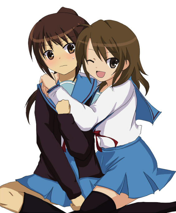 koizumi itsuki (female), kyonko, suzumiya haruhi no yuuutsu, non-web source, 00s, 2girls, blush, brown eyes, brown hair, cardigan, genderswap, genderswap (mtf), hug, multiple girls, one eye closed, ponytail, school uniform, serafuku, short hair, thighhighs, wink