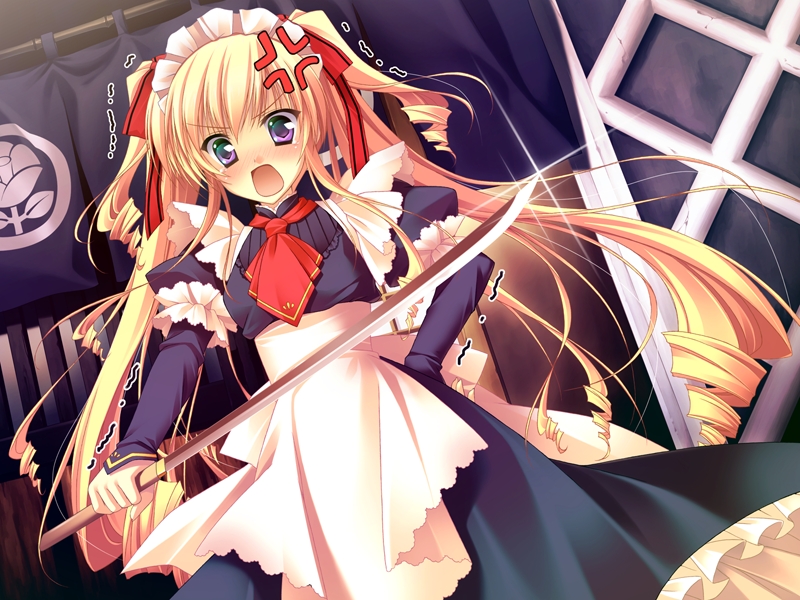 takano yuki (allegro mistic), onisaki yukari, princess party, non-web source, 1girl, anger vein, angry, blonde hair, combat maid, drill hair, dutch angle, female focus, katana, long hair, maid, multicolored eyes, purple eyes, shirasaya, solo, sword, trembling, twintails, very long hair, weapon
