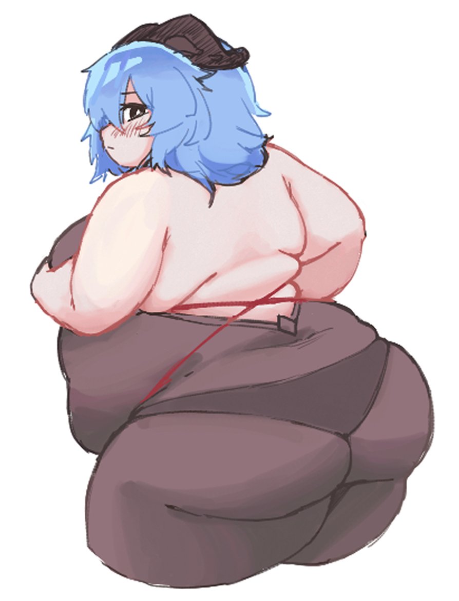 nantekottai25, ganyu (genshin impact), genshin impact, 1girl, ass, back, belly, black bodysuit, black eyes, blue hair, blush, bodysuit, covering breasts, covering privates, embarrassed, fat, fat woman, from behind, horns, looking back, panties under bodysuit, short hair, sleeveless, sleeveless bodysuit, solo, standing, thick arms, white background