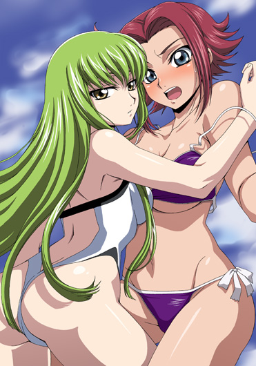 isse, c.c., kouzuki kallen, code geass, highleg swimsuit, 00s, 2girls, :o, ass, assisted exposure, back, between legs, bikini, blue eyes, blush, breasts, casual one-piece swimsuit, cleavage, cloud, collarbone, cowboy shot, day, embarrassed, expressionless, flipped hair, from side, green hair, groin, highleg, large breasts, leg between thighs, legs apart, long hair, looking at viewer, looking back, lowleg, lowleg bikini, multiple girls, navel, one-piece swimsuit, open mouth, outdoors, purple bikini, red hair, short hair, side-tie bikini bottom, sidelocks, sky, strap slip, string bikini, surprised, sweatdrop, swimsuit, thighs, thong, underboob, very long hair, wardrobe malfunction, white one-piece swimsuit, yellow eyes, yuri