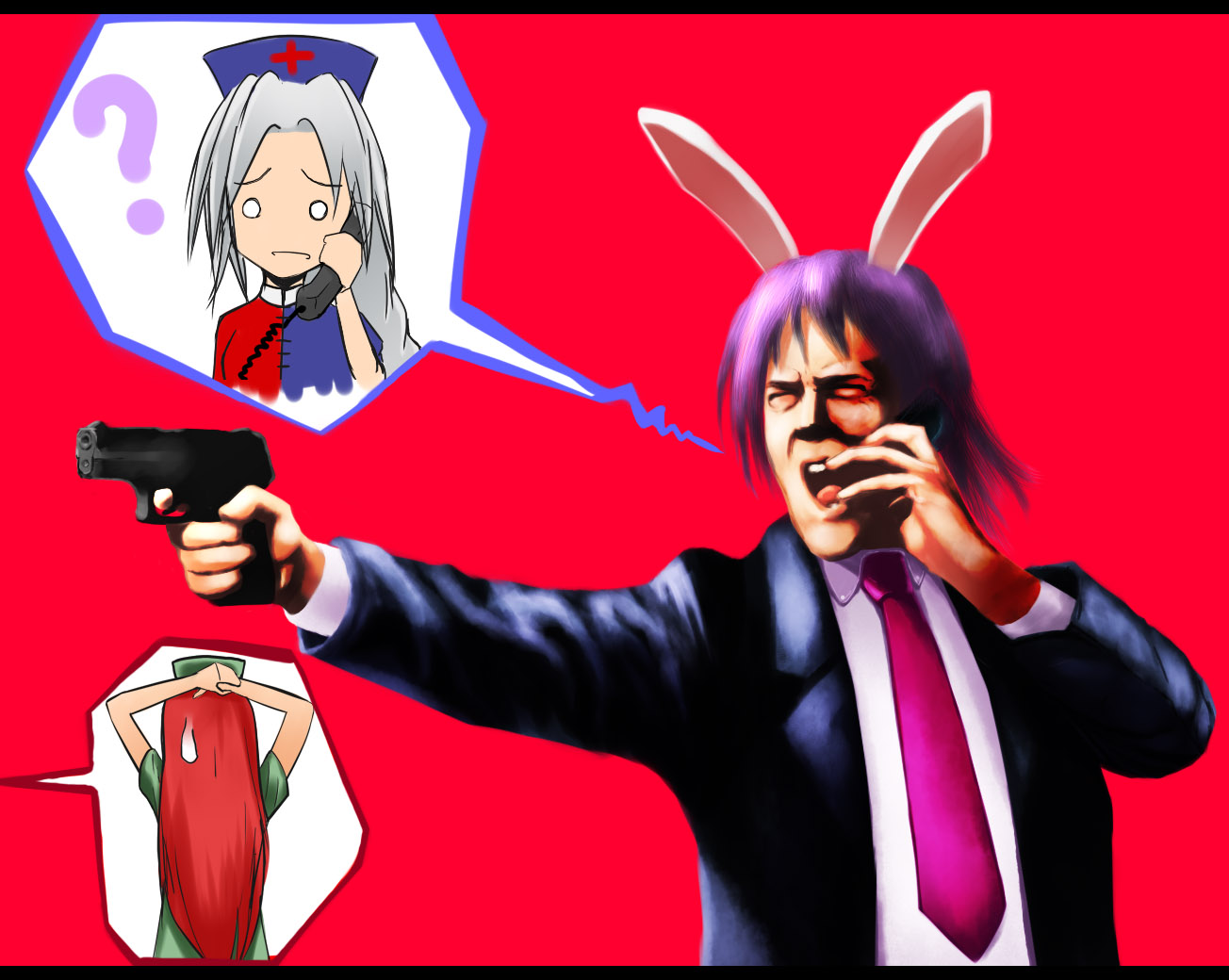 onibi (foxhound4185), hong meiling, jack bauer, reisen udongein inaba, yagokoro eirin, 24 (series), touhou, 1boy, 2girls, ?, animal ears, arrest, cellphone, cosplay, formal clothes, gun, handgun, letterboxed, multiple girls, o o, parody, phone, pistol, purple hair, rabbit ears, reisen udongein inaba (cosplay), suit, talking on phone, weapon