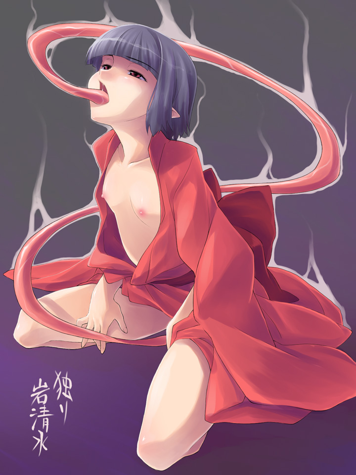 kazuita, tsukumo kazuita, akaname, akaname-san, original, translation request, 1girl, autocunnilingus, black hair, breasts, collarbone, cunnilingus, female focus, female masturbation, flat chest, hime cut, japanese clothes, kneeling, loli, long tongue, looking up, masturbation, monster girl, nipples, open clothes, open mouth, open shirt, oral, pointy ears, red eyes, saliva, shirt, short hair, small breasts, solo, solo focus, tongue, tongue out