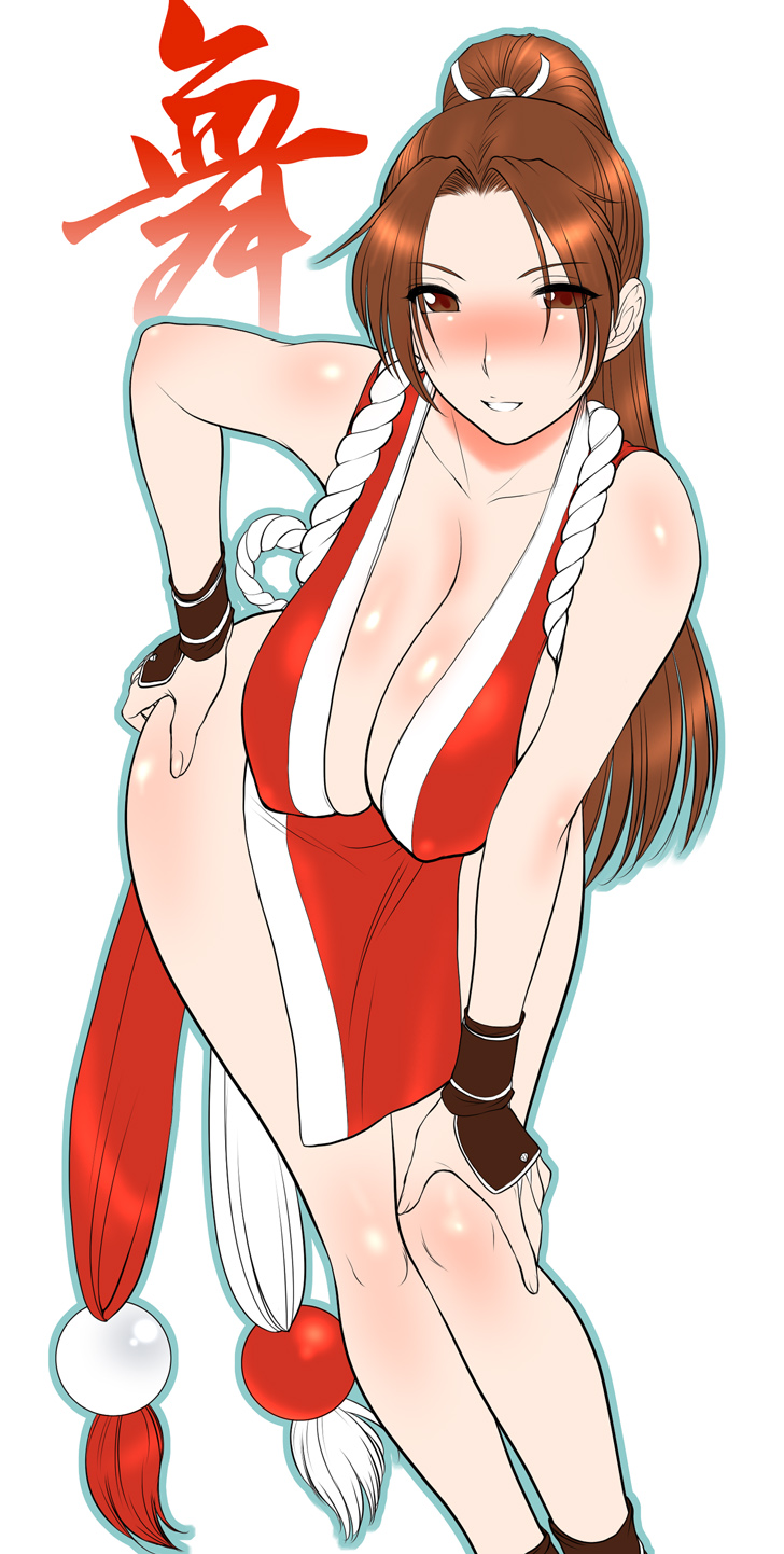 st.germain-sal, shiranui mai, fatal fury, snk, the king of fighters, highres, 1girl, blush, breasts, brown eyes, brown hair, cleavage, female focus, hand on own hip, hand on own knee, hip focus, huge breasts, leaning forward, long hair, pelvic curtain, ponytail, revealing clothes, smile, solo