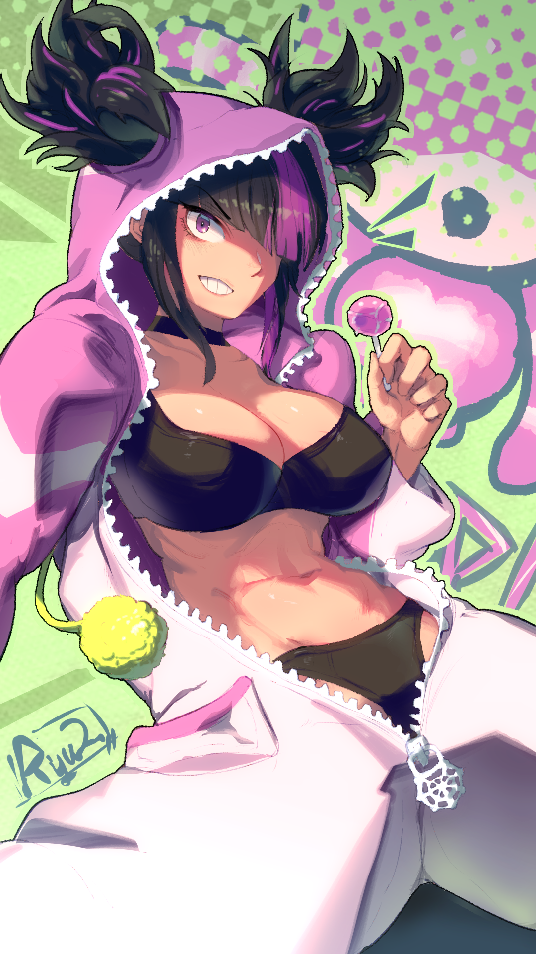 ryuji (red-truth), han juri, capcom, street fighter, street fighter 6, highres, 1girl, arm support, black bra, black hair, black panties, bra, breasts, candy, collarbone, cosplay, cowboy shot, female focus, food, green background, grin, hair over one eye, hand up, kigurumi, large breasts, leaning back, lollipop, looking at viewer, messy hair, multicolored hair, official alternate costume, onesie, open clothes, open onesie, panties, pink background, pink eyes, pink hair, pink onesie, short hair, sitting, smile, smug, solo, spread legs, streaked hair, teeth, twintails, two-tone background, two-tone hair, underwear, unzipped, zipper