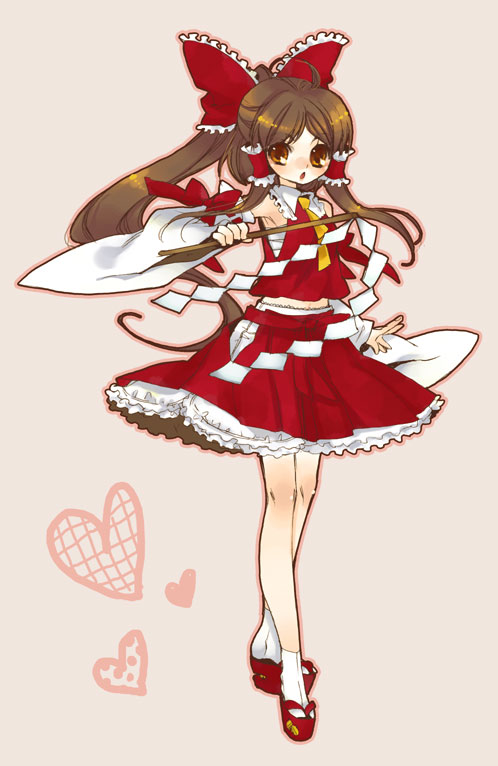 mitsubachi koucha, hakurei reimu, touhou, bad id, bad pixiv id, 1girl, bow, brown eyes, brown hair, clog sandals, detached sleeves, female focus, full body, gohei, hair bow, japanese clothes, miko, okobo, platform sandals, sandals, sarashi, simple background, skirt, solo, tabi
