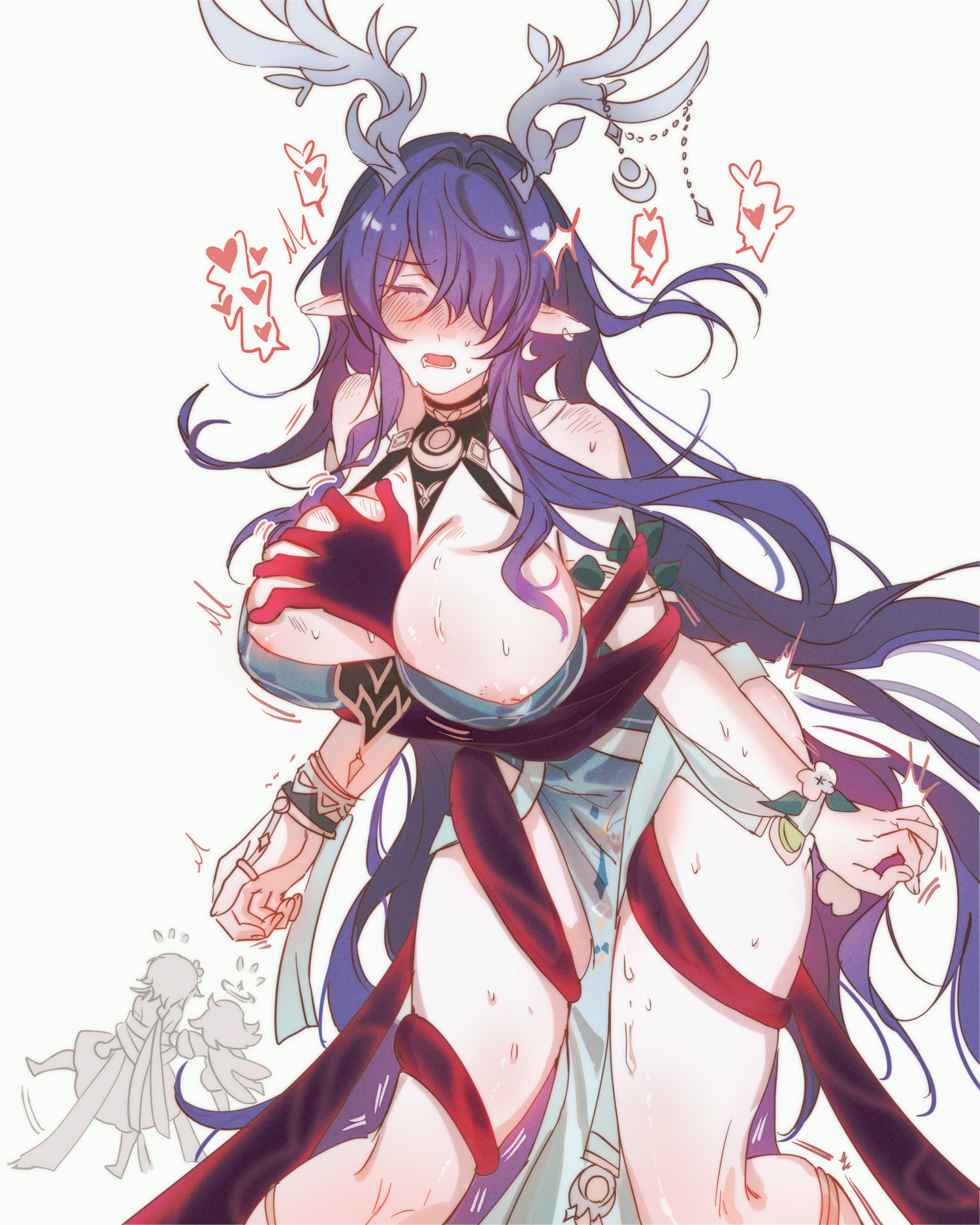 lauma (genshin impact), lumine (genshin impact), paimon (genshin impact), genshin impact, highres, 3girls, absurdly long hair, antler ornament, antlers, aqua dress, areola slip, arm between breasts, armlet, arms at sides, bdsm, bent over, between breasts, black collar, blush, bondage, bound, bound torso, bracelet, breasts, closed eyes, collar, colored extremities, cowboy shot, crescent, crescent earrings, curled fingers, deep skin, deer antlers, detached ears, dimshibe, dress, earrings, extra hands, eyelashes, fingernails, flower, grabbing another's breast, groping, hair intakes, hair over one eye, heart, horns, jewelry, large breasts, leaf, long hair, long hand, long sidelocks, multiple girls, neck ring, open mouth, pelvic curtain, perversion of canon, pigeon-toed, pointy ears, purple hair, red hands, shoulder blush, sidelocks, sleeveless, sleeveless dress, spoken heart, sweat, trembling, very long hair, white background, white flower, white trim, wrist flower