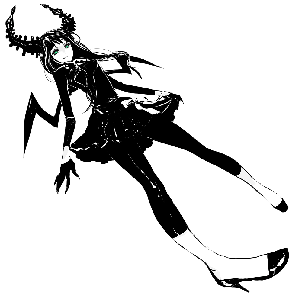 kmgk, dead master, black rock shooter, 10s, 1girl, black dress, black leggings, dress, female focus, full body, gloves, green eyes, greyscale, high heels, horns, latex, leggings, long hair, monochrome, pale skin, shoes, simple background, skirt, solo, spandex, spot color, wings