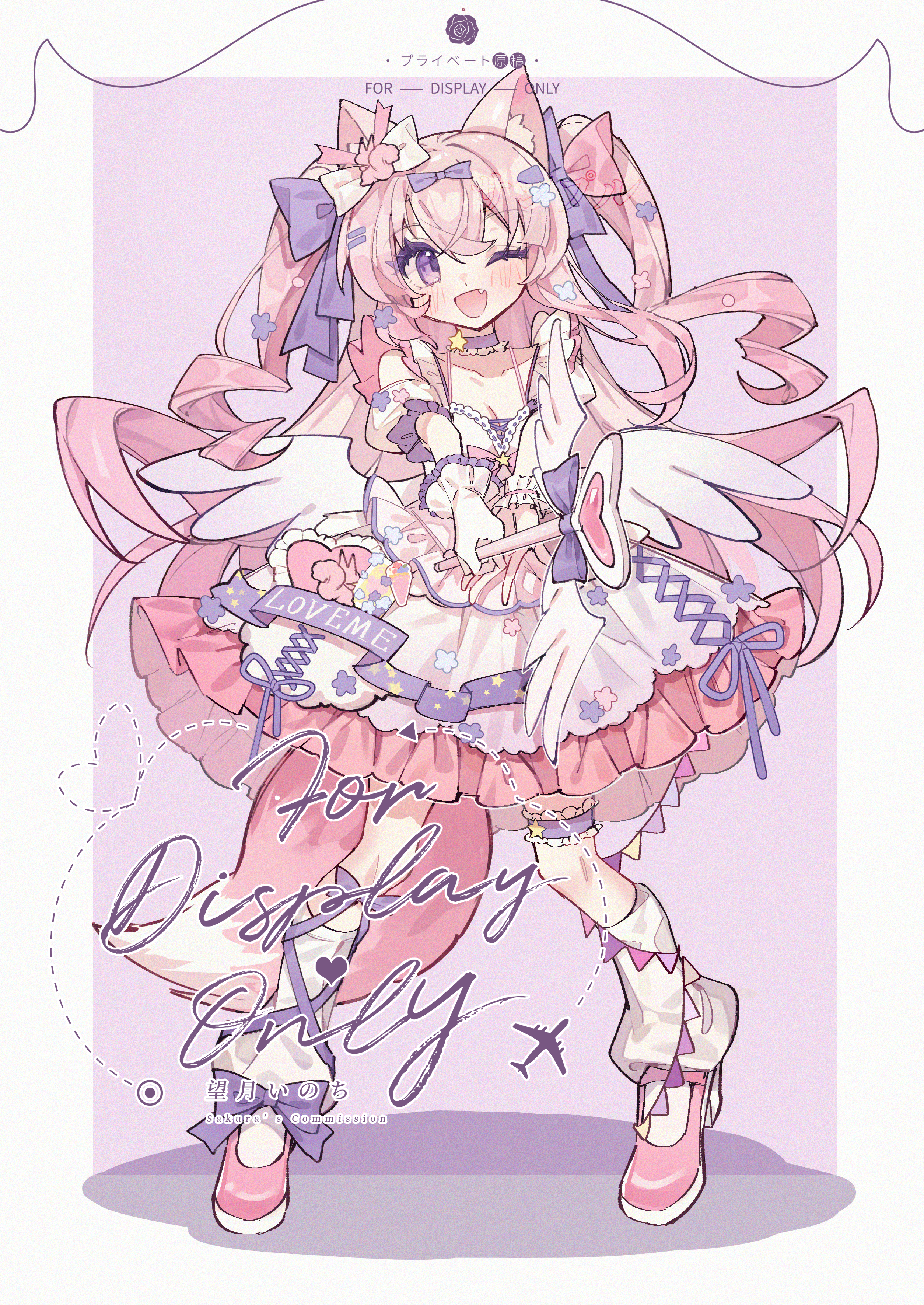 mochizuki inochi, original, absurdres, highres, 1girl, ;d, animal ear fluff, animal ears, artist name, bare shoulders, blush, border, bow, breasts, cleavage, collarbone, dress, fang, fox ears, fox girl, fox tail, frilled dress, frills, full body, hair bow, holding, holding wand, long hair, looking at viewer, one eye closed, open mouth, outside border, pink bow, pink dress, pink hair, pink shoes, purple background, purple bow, purple eyes, purple ribbon, ribbon, shoes, simple background, sleeveless, sleeveless dress, smile, socks, solo, standing, tail, two side up, wand, watermark, white border, white bow, white socks