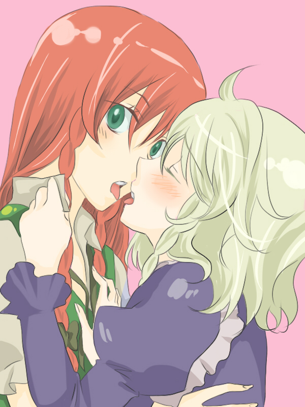 mitsuko, hong meiling, izayoi sakuya, embodiment of scarlet devil, touhou, bad id, bad pixiv id, 2girls, alternate hair color, blonde hair, blush, braid, closed eyes, female focus, green eyes, imminent kiss, long hair, maid, multiple girls, red hair, short hair, simple background, tongue, twin braids, yuri