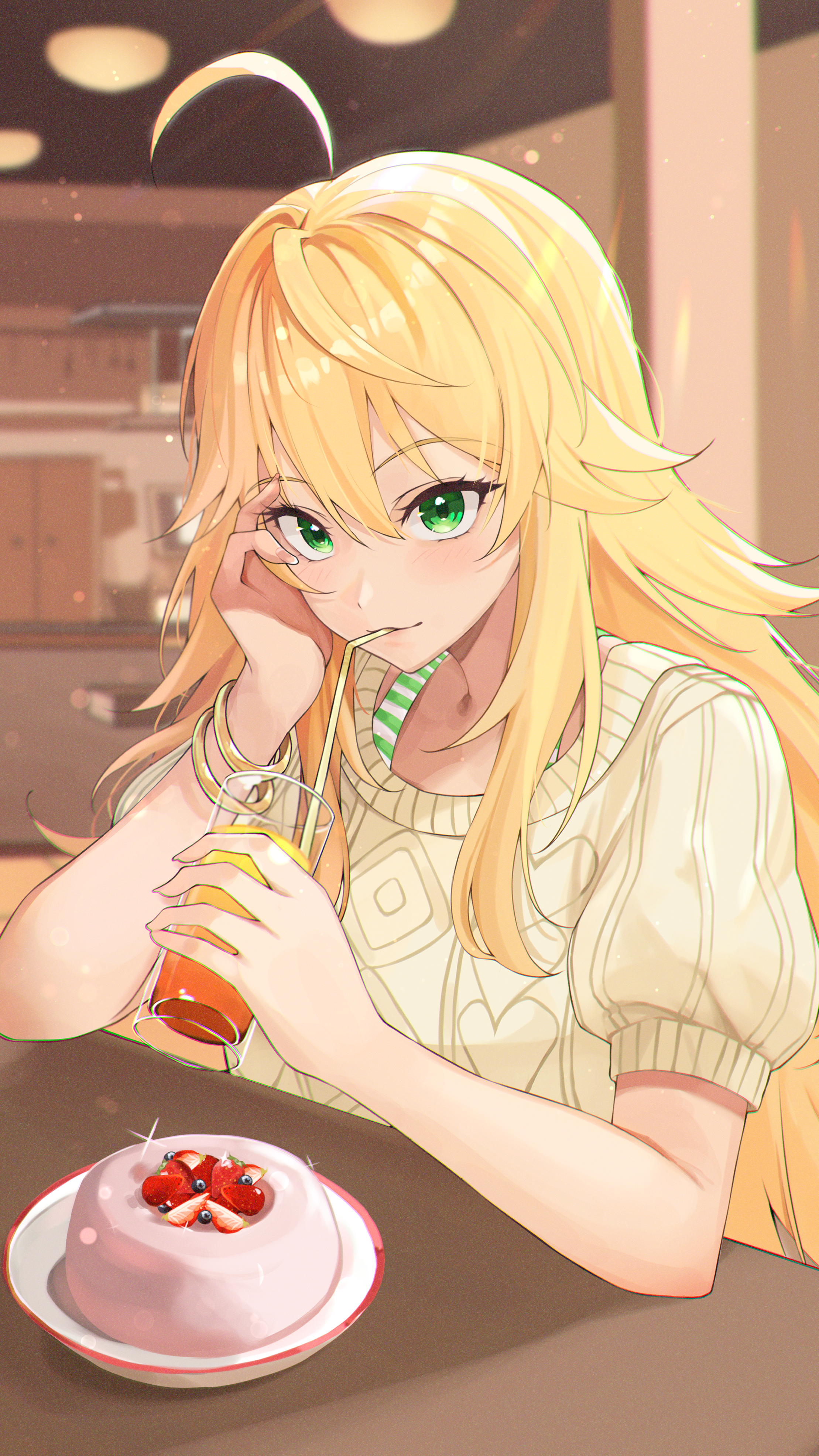 yaki tai, hoshii miki, idolmaster, idolmaster (classic), absurdres, highres, 1girl, ahoge, blonde hair, closed mouth, cup, dessert, drink, drinking, drinking straw, fingernails, food, green eyes, hand on own face, holding, holding cup, indoors, light particles, long fingernails, long hair, looking at viewer, short sleeves, sitting, solo, sweater, table