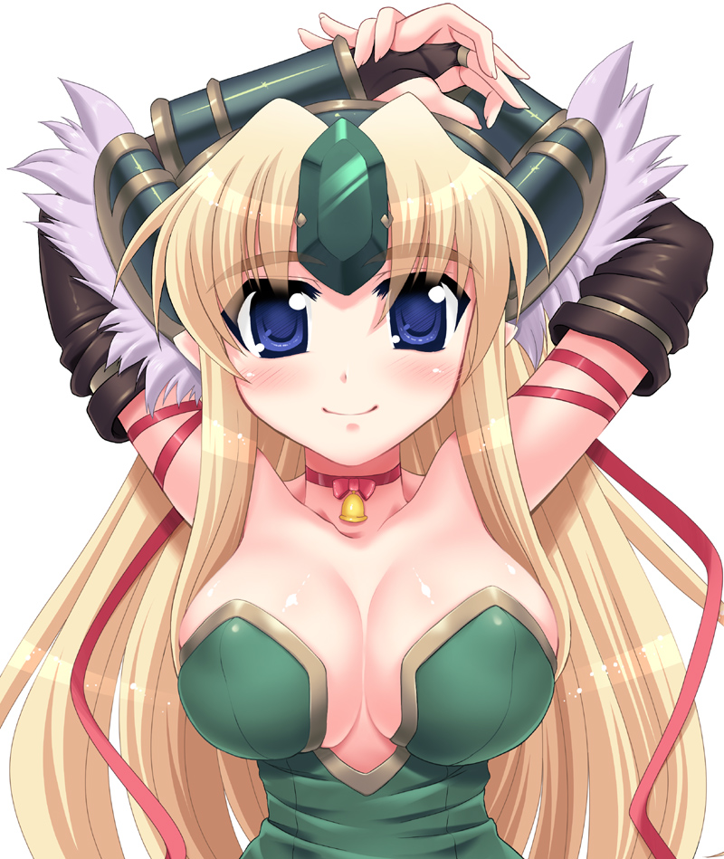 utsugi tsuguha, riesz, seiken densetsu, seiken densetsu 3, 1girl, arms up, blonde hair, breasts, cleavage, female focus, large breasts, solo