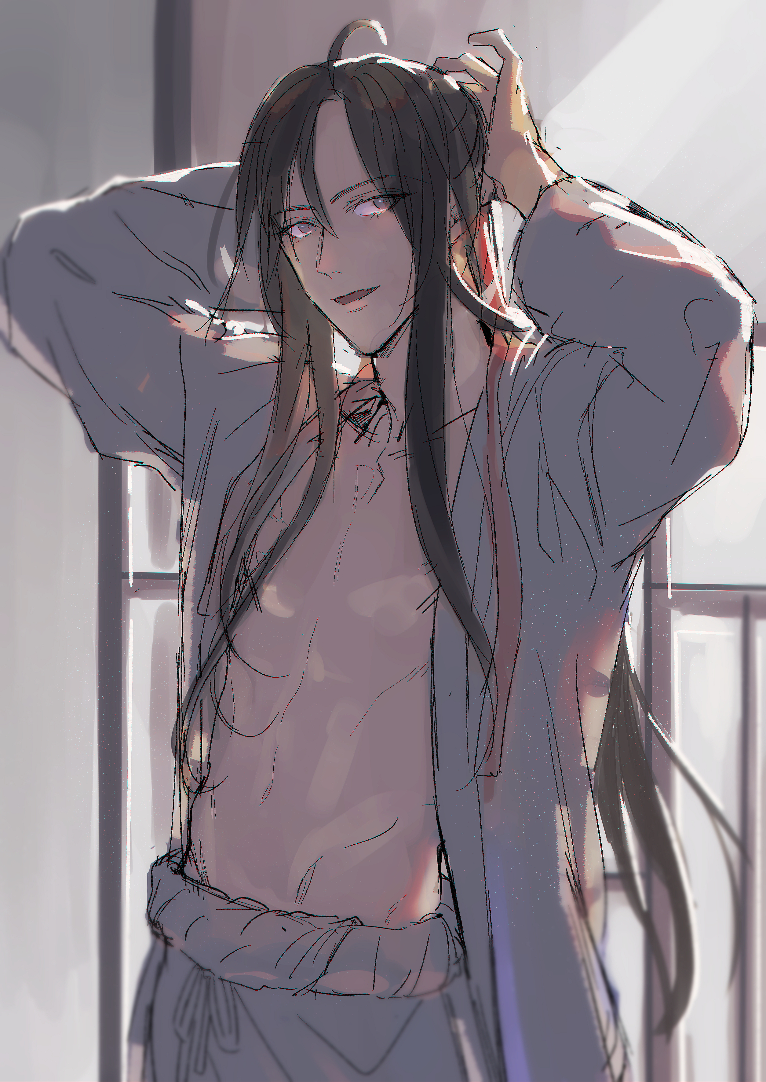 actcat3, wei wuxian, modao zushi, absurdres, highres, 1boy, adjusting hair, ahoge, alternate costume, arms behind head, arms up, backlighting, bare pectorals, bathrobe, bishounen, black hair, chinese clothes, grey eyes, groin, hair between eyes, hanfu, long hair, long sleeves, looking at viewer, male focus, navel, open clothes, open mouth, open robe, pants, pectorals, ponytail, purple eyes, ribbon, robe, sidelocks, sketch, smile, solo, toned, toned male, tying hair, upper body, very long hair, white pants, white robe