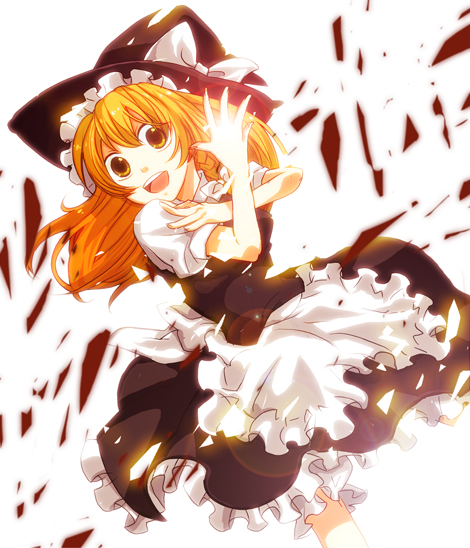 mofuko, mofuko (pixiv595932), kirisame marisa, touhou, 1girl, blonde hair, bow, debris, dress, female focus, hat, open mouth, solo, white background, witch, witch hat, yellow eyes