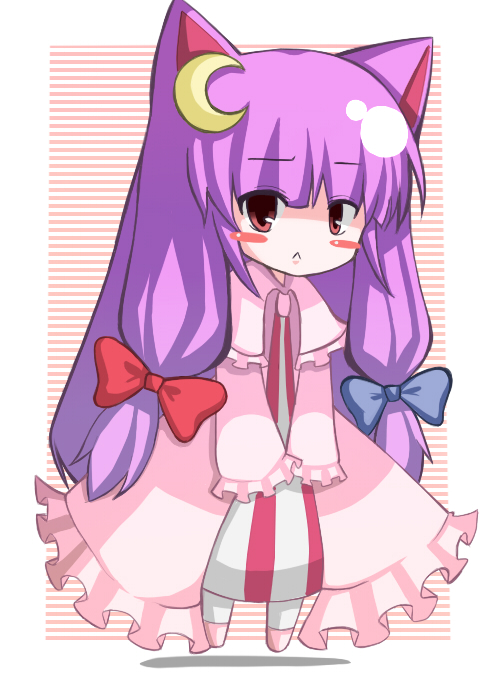 watariri rafu, patchouli knowledge, touhou, 1girl, :<, animal ears, blush, cat ears, cat girl, chibi, crescent, crescent hair ornament, female focus, hair ornament, long hair, no headwear, purple hair, ribbon, solo