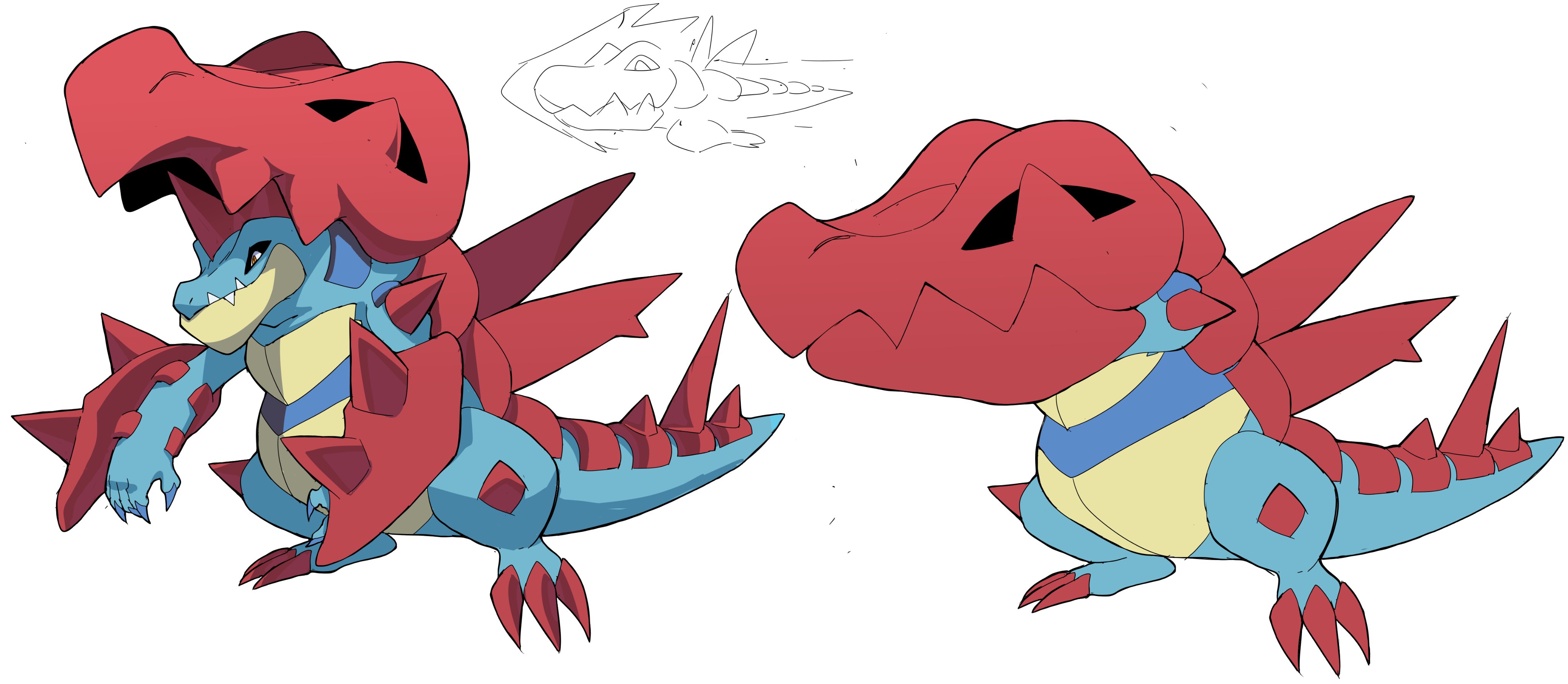 cyberlord1109, feraligatr, mega feraligatr, nintendo, pokemon, pokemon legends: z-a, absurdres, highres, blue claws, blue skin, claws, colored skin, fangs, fangs out, gen 2 pokemon, no humans, pokemon (creature), pokemon focus, red claws, sharp teeth, spikes, teeth, white background, yellow eyes