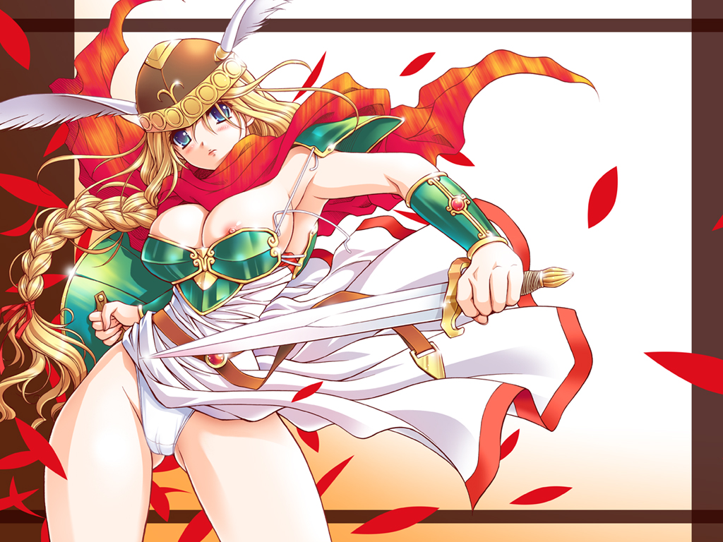 kuroda akimi, valkyrie (vnd), valkyrie no densetsu, 1girl, areola slip, armor, armored dress, blonde hair, blue eyes, braid, breasts, cameltoe, dress, green armor, helmet, large breasts, legs, long hair, nipple slip, nipples, panties, pantyshot, shield, single braid, sword, thighs, underwear, valkyrie, wardrobe malfunction, weapon, white panties, wind, winged helmet