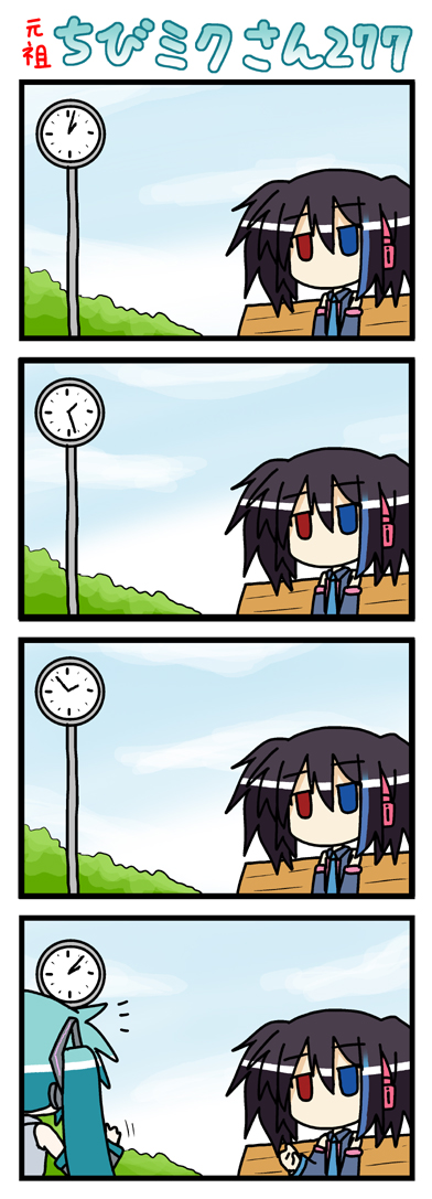 minami (colorful palette), hatsune miku, yokune ruko, utau, vocaloid, long image, tall image, 4koma, aged down, chibi, clock, comic, heterochromia, silent comic, waving