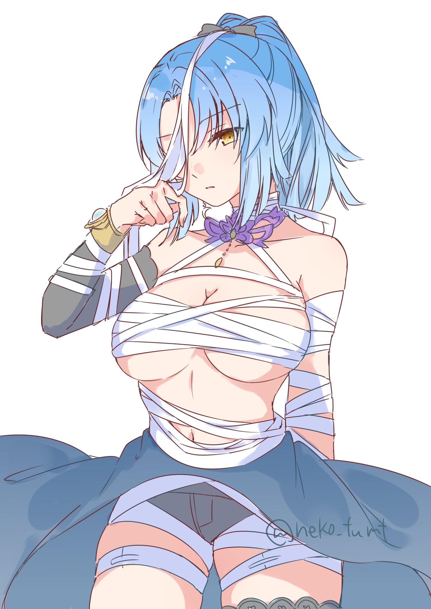 benini, serizawa chikaru, assault lily, commentary request, highres, 1girl, adapted costume, arm behind back, bandaged arm, bandaged chest, bandaged head, bandaged leg, bandaged neck, bandaged stomach, bandages, bare shoulders, black shorts, blue hair, bow, breasts, cleavage, closed mouth, collar, collarbone, cosplay, cowboy shot, crescent, crescent earrings, detached sleeves, earrings, grey bow, hair between eyes, hair bow, halloween costume, hand up, high ponytail, jewelry, large breasts, looking at viewer, makino mitake, medium hair, mummy costume, navel, one eye covered, overskirt, parted bangs, parted lips, pendant, pendant collar, ponytail, purple collar, serizawa chikaru (cosplay), shorts, simple background, single detached sleeve, single earring, solo, standing, twitter username, white background, yellow eyes