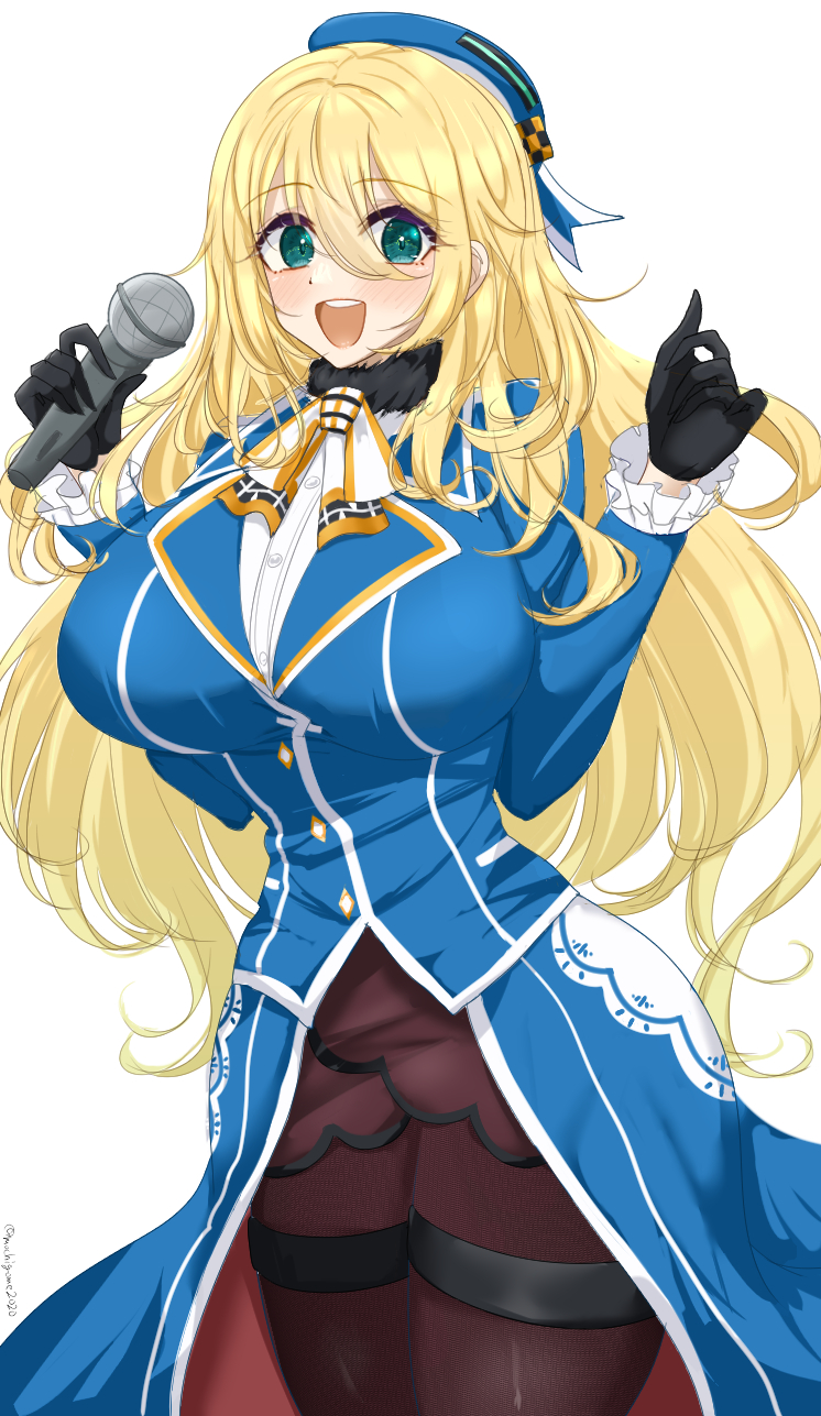 chamumi (mochiumee), atago (kancolle), kantai collection, highres, 1girl, ascot, beret, black gloves, blonde hair, blue hat, blue jacket, blush, breasts, brown skirt, cowboy shot, fur collar, gloves, green eyes, hat, jacket, large breasts, long hair, looking at viewer, microphone, military, military uniform, open mouth, pantyhose, skirt, smile, solo, white background