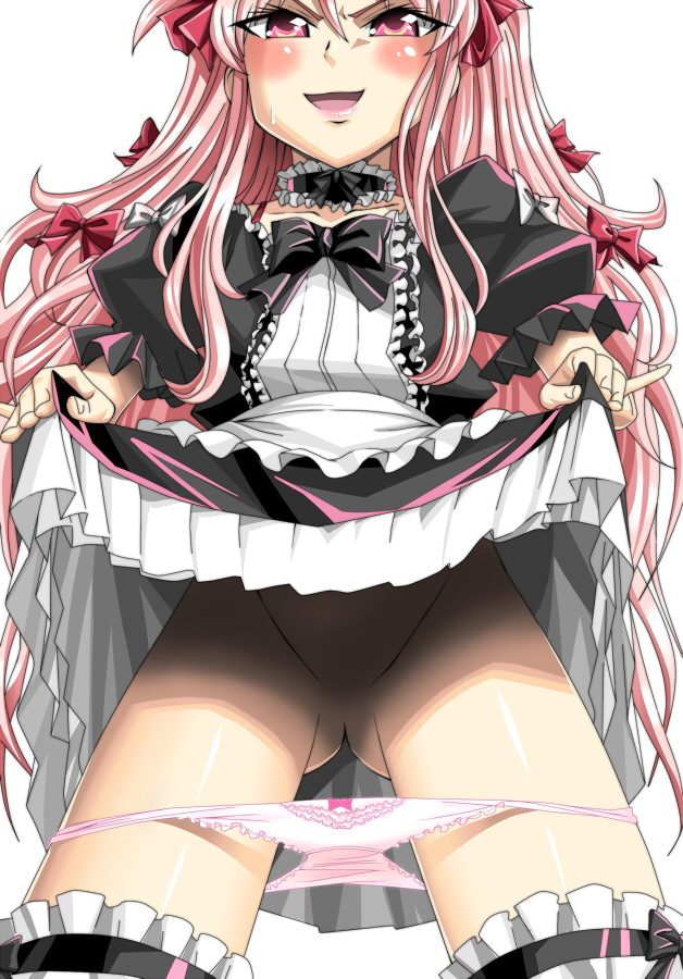 hinoki (hinoki-buro), louise francoise le blanc de la valliere, zero no tsukaima, 00s, 1girl, blush, clothes lift, female focus, frills, from below, gathers, gothic lolita, hair ribbon, lolita fashion, long hair, no pussy, panties, pink eyes, pink hair, ribbon, shadow, skirt, skirt lift, solo, sweatdrop, underwear, very long hair