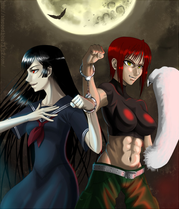 hinoki (hinoki-buro), kamura reiri, riza wildman, kaibutsu oujo, 00s, 2girls, abs, babydoll t-shirt, black hair, cargo pants, crop top, cuffs, full moon, handcuffs, lowleg, lowleg pants, midriff, moon, multiple girls, muscular, neckerchief, pants, red hair, school uniform, vampire, werewolf