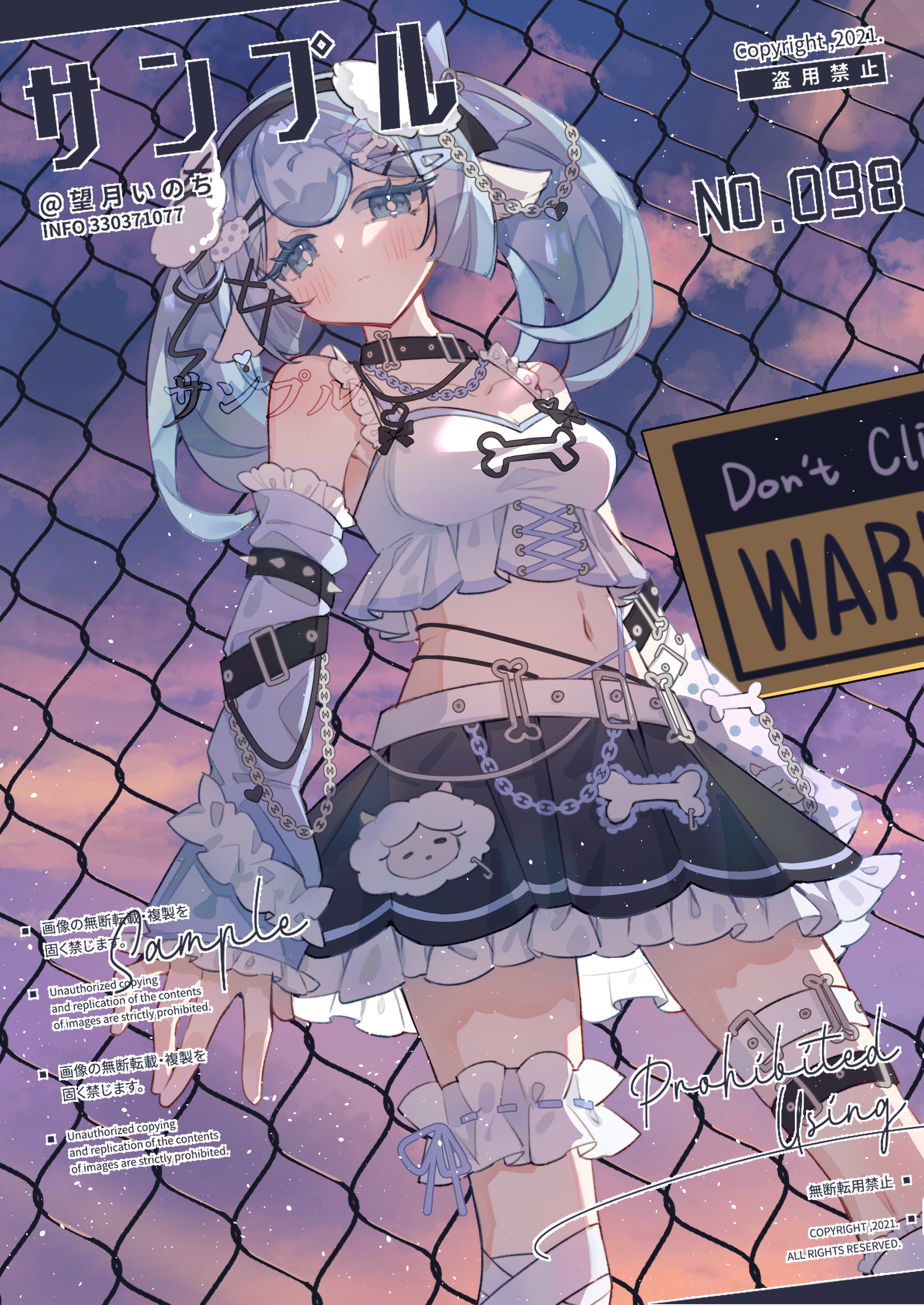 mochizuki inochi, original, absurdres, highres, 1girl, artist name, bandaged leg, bandages, bare shoulders, belt, black choker, black skirt, blue eyes, blue hair, blue sleeves, blush, breasts, bright pupils, chain-link fence, choker, closed mouth, cowboy shot, crop top, cropped shirt, detached sleeves, double-parted bangs, evening, fence, frilled skirt, frilled sleeves, frilled thigh strap, frills, jewelry, long hair, long sleeves, looking at viewer, medium breasts, midriff, navel, necklace, outdoors, pleated skirt, sample watermark, shirt, skirt, sky, sleeveless, sleeveless shirt, solo, standing, thigh strap, watermark, white belt, white pupils, white shirt