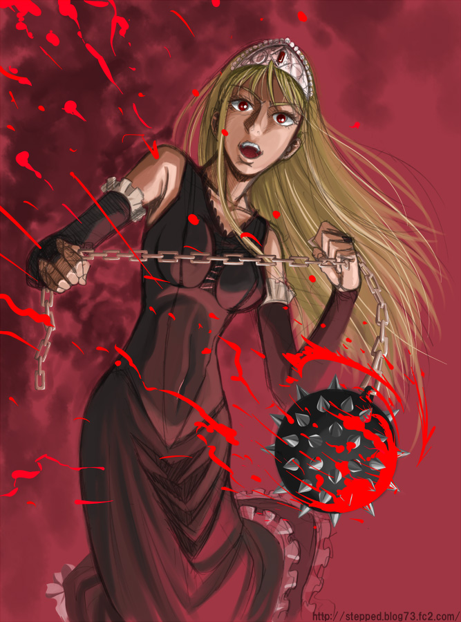 hinoki (hinoki-buro), hime (kaibutsu oujo), kaibutsu oujo, 00s, 1girl, ball and chain (weapon), blonde hair, blood, breasts, chain, elbow gloves, female focus, gloves, impossible clothes, impossible shirt, open mouth, red eyes, shirt, solo, spiked ball and chain, tiara, weapon