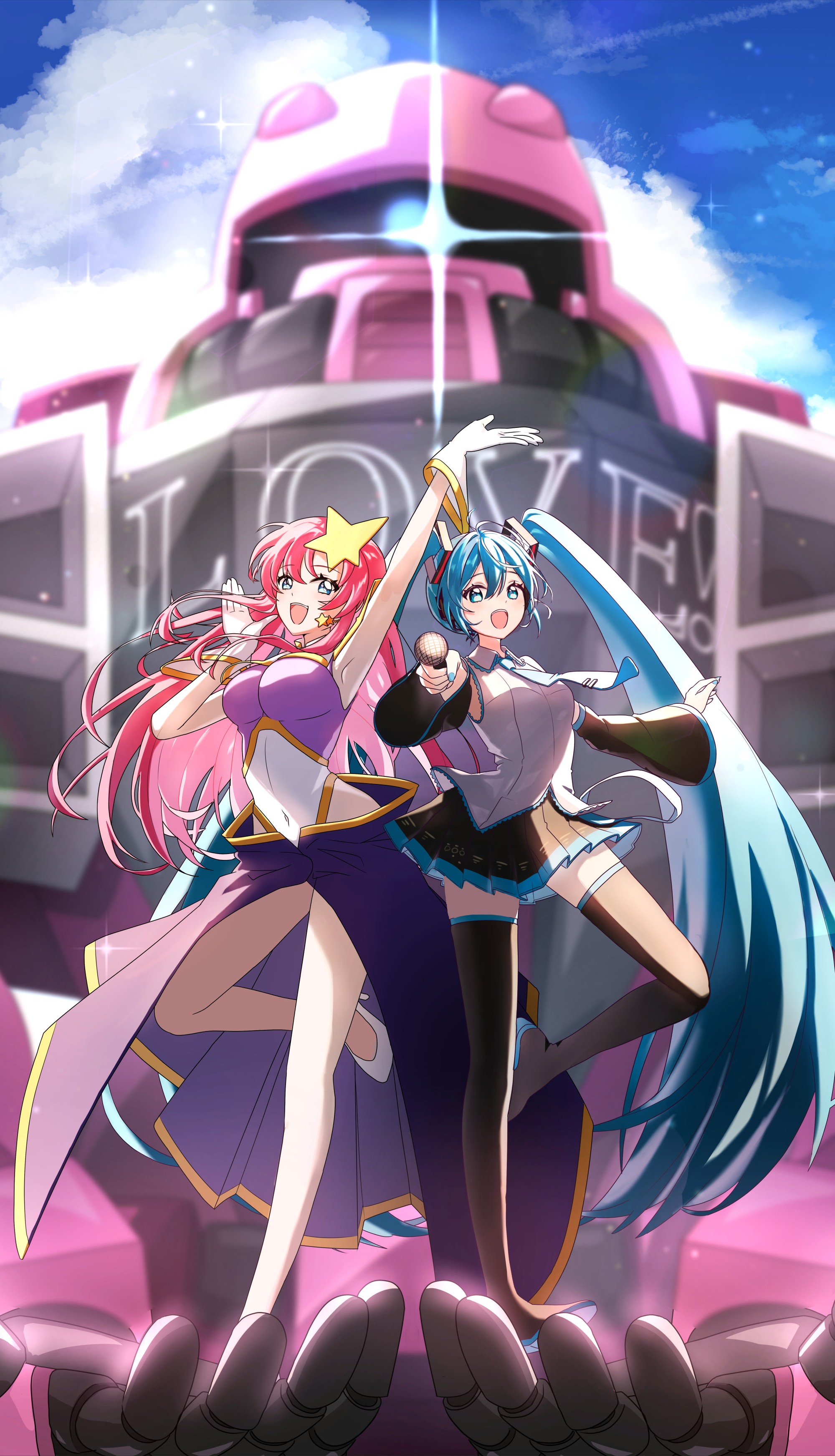 macha 3939, hatsune miku, meer campbell, zaku warrior concert custom, gundam, gundam seed, gundam seed destiny, vocaloid, absurdres, highres, 2girls, aqua eyes, aqua hair, aqua nails, aqua necktie, armpits, black skirt, black thighhighs, blue sky, breasts, cloud, cloudy sky, covered navel, crossover, detached sleeves, gloves, gold trim, hair between eyes, high heels, holding, holding microphone, humanoid robot, in palm, large breasts, leotard, long hair, microphone, mobile suit, multicolored leotard, multiple girls, necktie, open mouth, outdoors, pink hair, purple leotard, robot, science fiction, shirt, shoes, skirt, sky, standing, standing on one leg, teeth, thighhighs, twintails, upper teeth only, white gloves, white leotard, white shirt, white shoes, wide hips