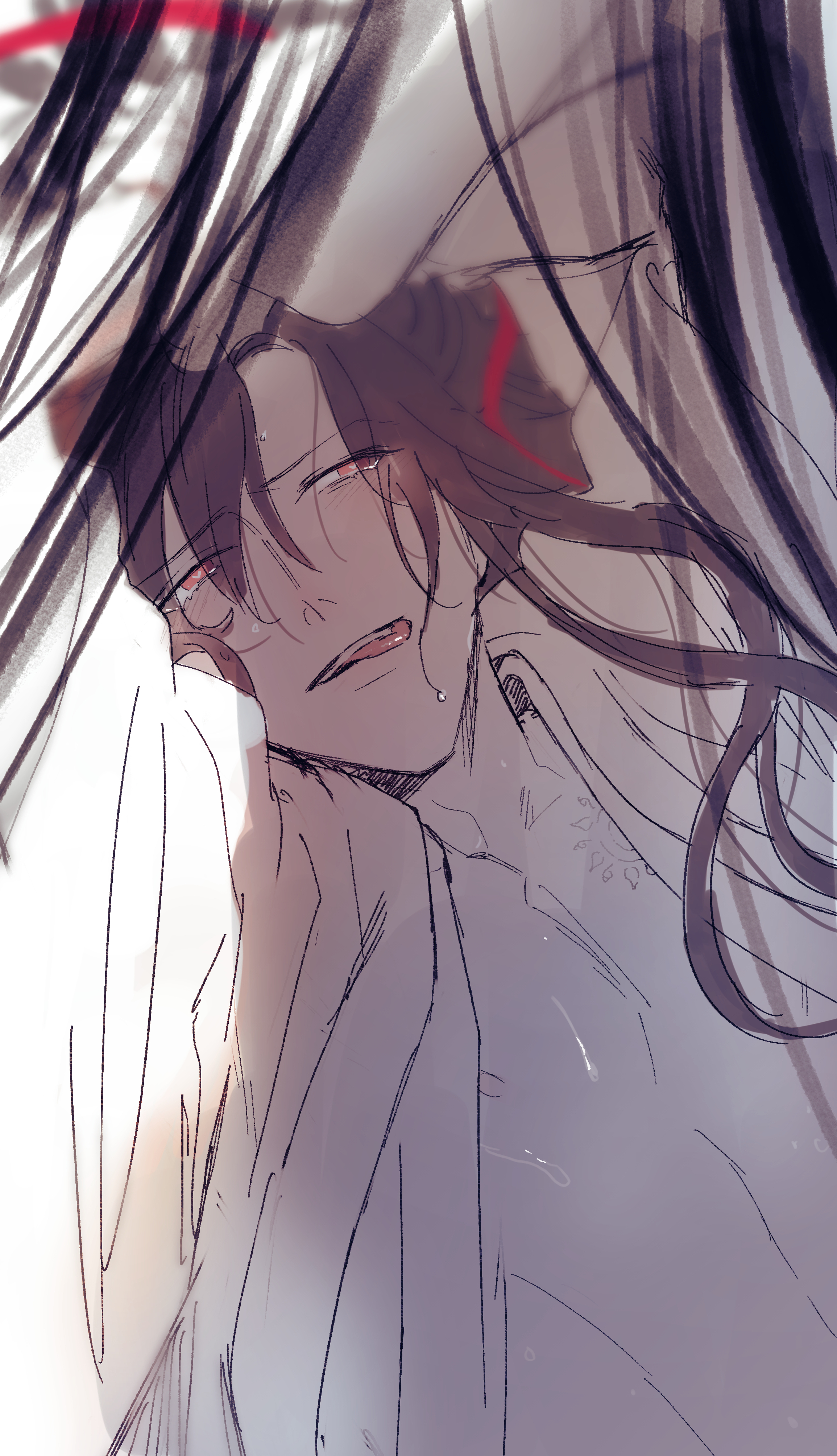 actcat3, wei wuxian, wei wuxian (yiling laozu), modao zushi, absurdres, highres, 2boys, arms up, bare pectorals, black hair, blurry, blurry foreground, blush, bound, bound wrists, branded, brown hair, chinese clothes, hair between eyes, hair down, hair ribbon, half updo, hanfu, implied yaoi, licking lips, long hair, looking at viewer, male focus, monochrome, multiple boys, nipples, official alternate hairstyle, open clothes, open mouth, open robe, pectorals, red eyes, red ribbon, ribbon, robe, scar, scar on chest, sketch, solo focus, spot color, sweat, teeth, tongue, tongue out, upper body, very long hair