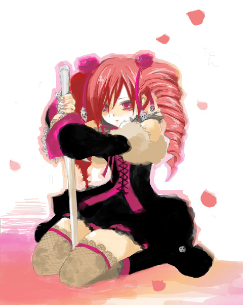 echigoya, echigoya (tuvura), amy sorel, soul calibur, soulcalibur, soulcalibur iv, bad id, bad pixiv id, 1girl, bare shoulders, boots, dress, drill hair, earrings, female focus, fishnet thighhighs, fishnets, flower, fur trim, gothic lolita, jewelry, kneeling, lace, lolita fashion, petals, rapier, red eyes, red hair, rose, solo, sword, thighhighs, twintails, weapon