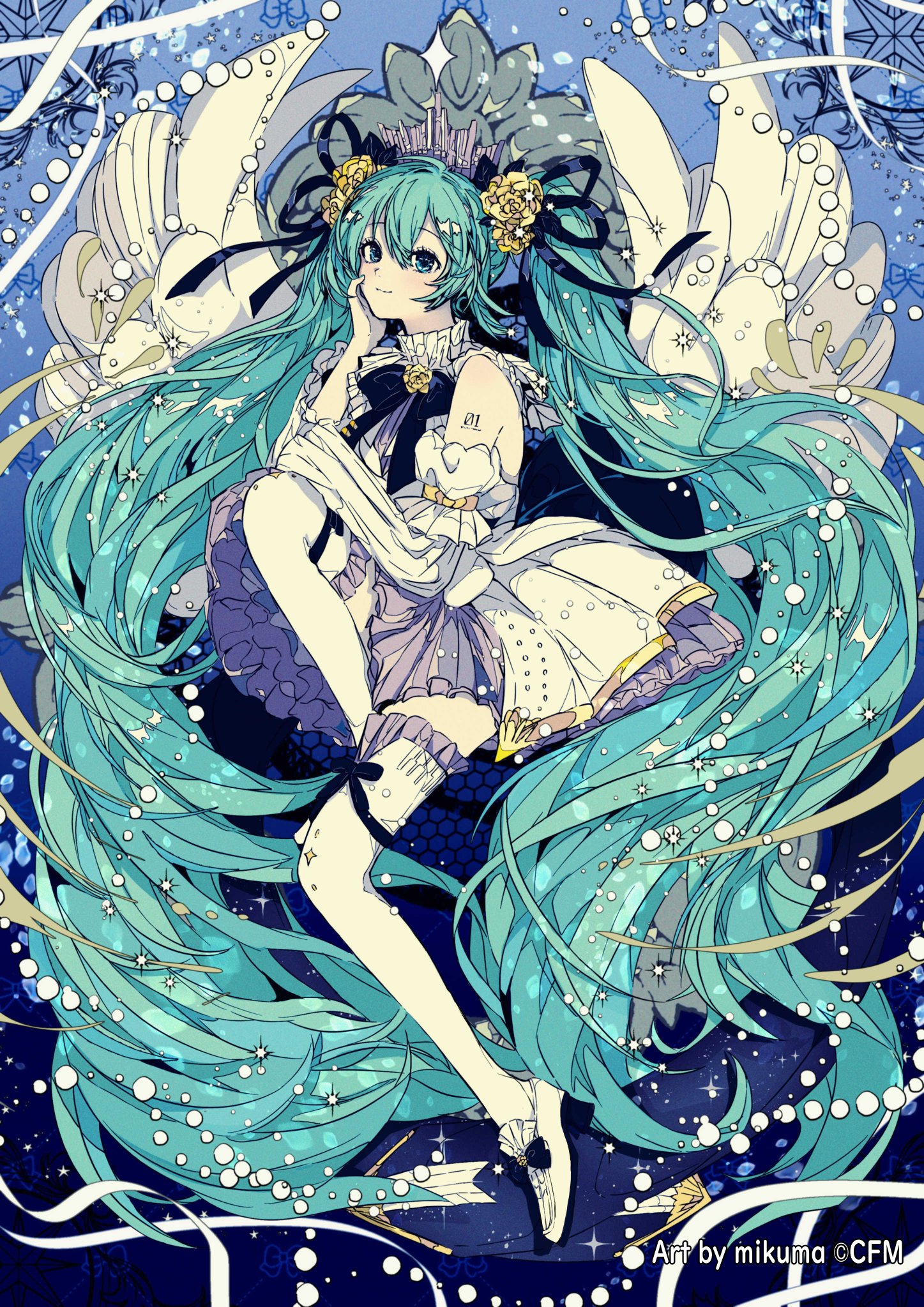 3kuma, hatsune miku, miku symphony (vocaloid), vocaloid, commentary request, highres, 1girl, absurdly long hair, aqua eyes, aqua hair, arm tattoo, black bow, bow, closed mouth, detached sleeves, dress, feathered wings, flower, hair between eyes, hair flower, hair ornament, hand on own cheek, hand on own face, light blush, long hair, long sleeves, number tattoo, official alternate costume, official alternate hairstyle, shoes, smile, solo, tattoo, thighhighs, very long hair, white dress, white shoes, white thighhighs, white wings, wings