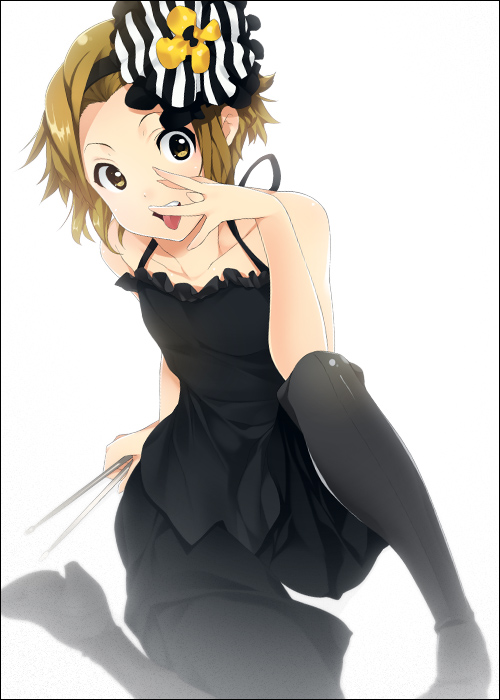 mizuki makoto, tainaka ritsu, don't say "lazy", k-on!, 00s, 1girl, boots, female focus, hand over face, high heels, pantyhose, shoes, short hair, simple background, solo, tongue
