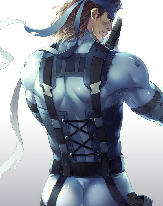 usagi me, solid snake, metal gear (series), metal gear solid, metal gear solid 2: sons of liberty, md5 mismatch, 1boy, ass, beard, blue eyes, brown hair, facial hair, gun, headband, male focus, manly, mullet, solo, weapon