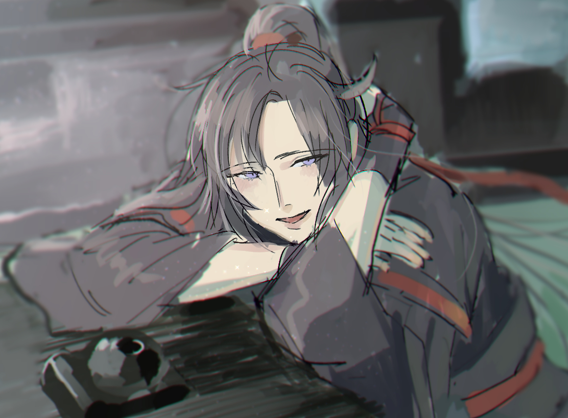 actcat3, wei wuxian, modao zushi, 1boy, ahoge, black hair, black hanfu, black sash, blurry, blurry background, blush, chinese clothes, elbows on table, hair ribbon, hanfu, indoors, inkwell, long hair, long sleeves, looking at viewer, male focus, open mouth, ponytail, purple eyes, red ribbon, red sash, ribbon, robe, sash, sitting, sketch, smile, solo, table, vambraces, wide sleeves