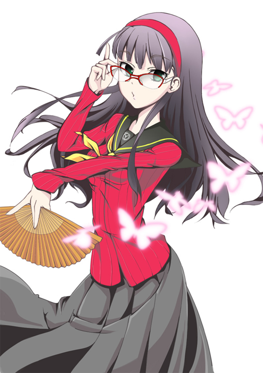 amagi yukiko, atlus, persona, persona 4, 1girl, adjusting eyewear, black hair, bug, butterfly, female focus, folding fan, glasses, green eyes, hairband, hand fan, insect, long hair, solo