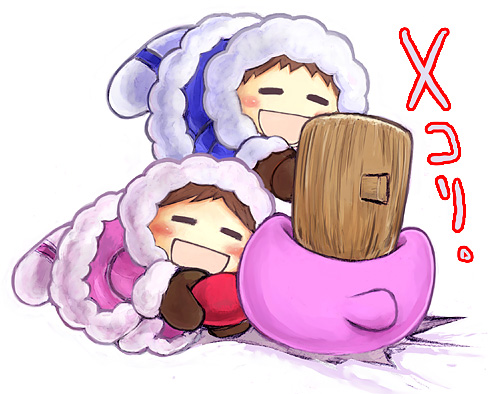 ice climbers, kirby, nana (ice climber), popo (ice climber), ice climber, kirby (series), nintendo, super smash bros., lowres, 1girl, 2boys, abuse, brown hair, child, closed eyes, coat, gloves, hammer, happy, hood, hoodie, mallet, multiple boys, open mouth, smile
