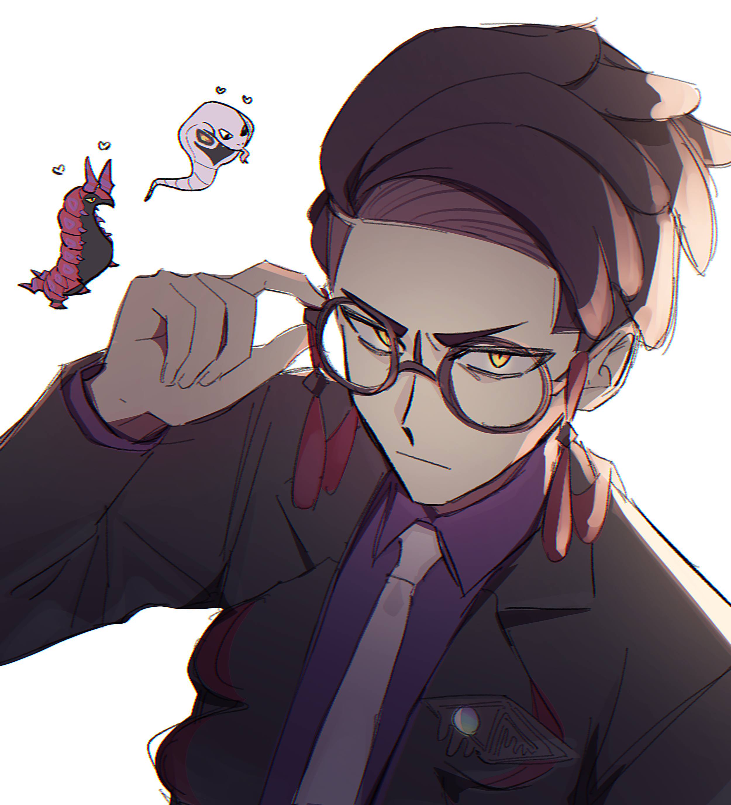 arbok, corbeau (pokemon), scolipede, nintendo, pokemon, pokemon legends: z-a, absurdres, commentary request, highres, 1boy, adjusting eyewear, black hair, black jacket, chibi, closed mouth, collared shirt, gen 1 pokemon, gen 5 pokemon, glasses, heart, jacket, long sleeves, male focus, necktie, open clothes, open jacket, pokemon (creature), purple shirt, round eyewear, shirt, short hair, white background, white necktie, yellow eyes, yuan171217